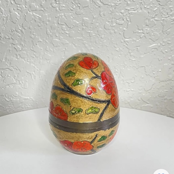 Penco Inc Brass & Enamel Egg Trinket Holder Cloisonné Gold w/Red Flowers - Picture 4 of 9
